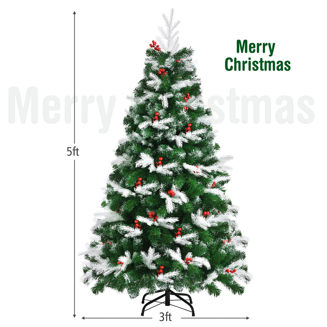 Gymax 5/6/7 FT Snow Flocked Christmas Tree Hinged Artificial Xmas Tree w/ Red Berries