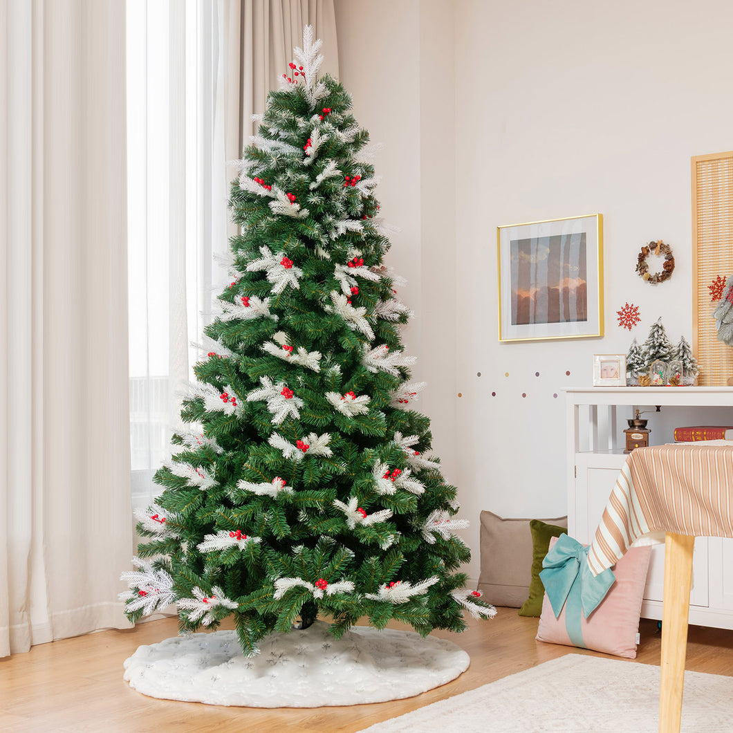 Gymax 5/6/7 FT Snow Flocked Christmas Tree Hinged Artificial Xmas Tree w/ Red Berries