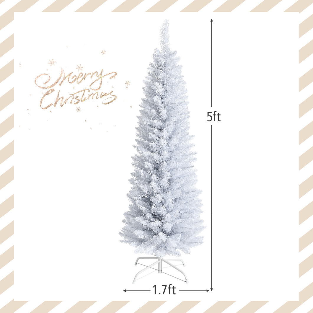 Gymax 5/6/7 FT Artificial Pencil White Christmas Tree Leafy Unlit Slim Xmas Tree