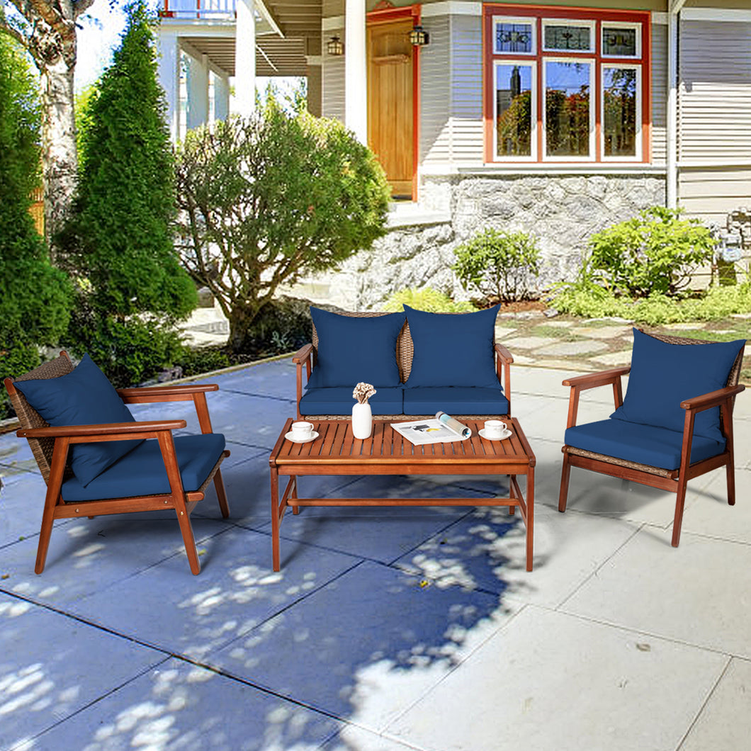 Gymax 4PCS Patio Conversation Set Wood Frame Furniture Set w/ Navy Cushions