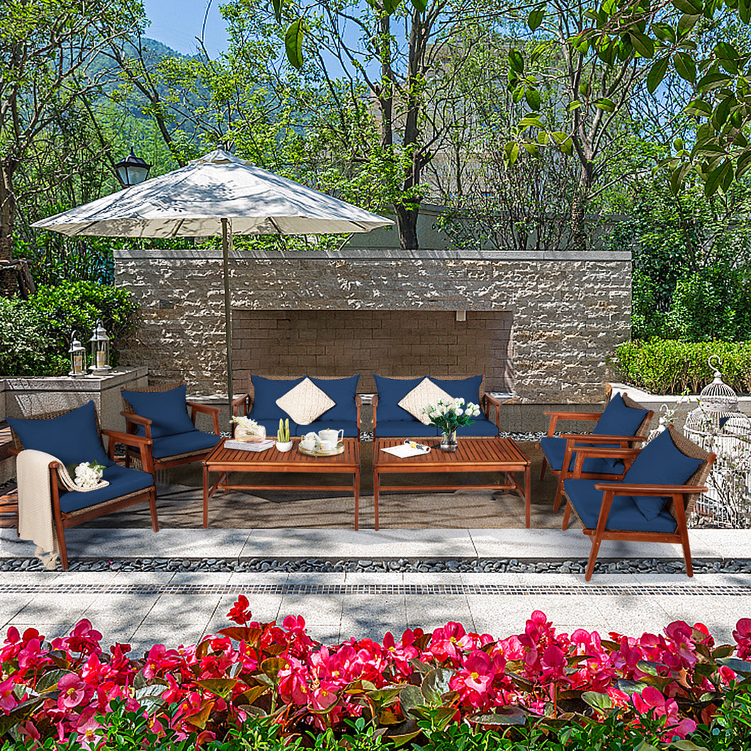 Gymax 8PCS Patio Conversation Set Wood Frame Furniture Set w/ Navy Cushions
