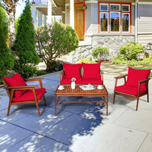 Load image into Gallery viewer, Gymax 4PCS Patio Conversation Set Wood Frame Furniture Set w/ Red Cushions
