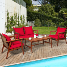 Load image into Gallery viewer, Gymax 4PCS Patio Conversation Set Wood Frame Furniture Set w/ Red Cushions
