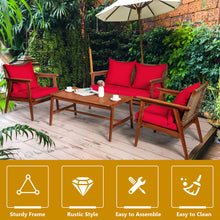 Load image into Gallery viewer, Gymax 4PCS Patio Conversation Set Wood Frame Furniture Set w/ Red Cushions
