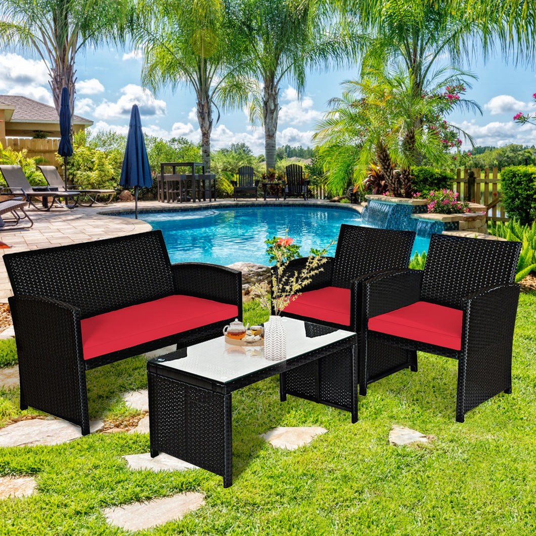 Gymax 4PCS Rattan Outdoor Conversation Set Patio Furniture Set w Red Cushions