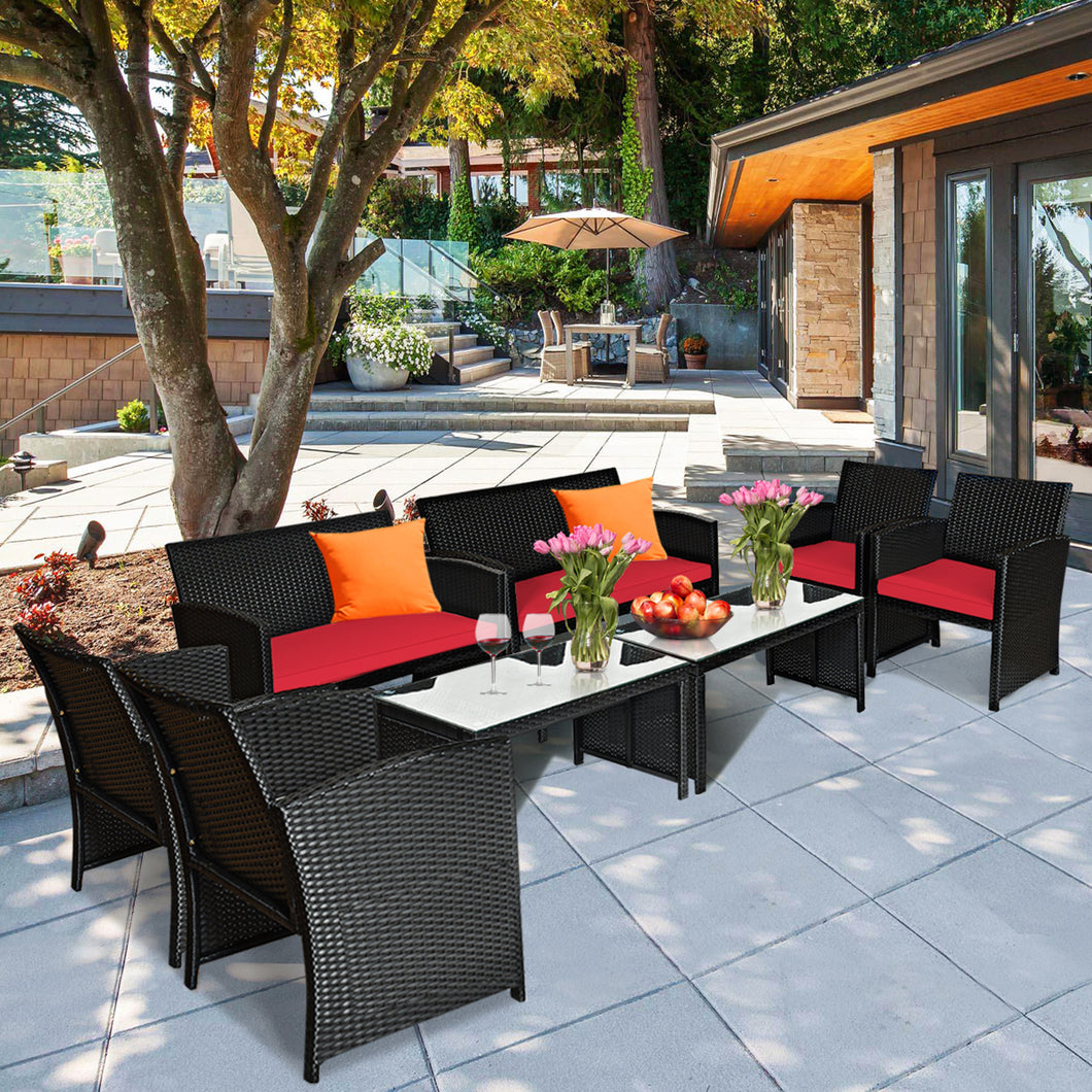 Gymax 8PCS Rattan Outdoor Conversation Set Patio Furniture Set w Red Cushions