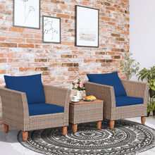 Load image into Gallery viewer, Gymax 3PCS Rattan Patio Conversation Furniture Set w Wooden Feet Navy Cushions
