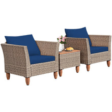 Load image into Gallery viewer, Gymax 3PCS Rattan Patio Conversation Furniture Set w Wooden Feet Navy Cushions
