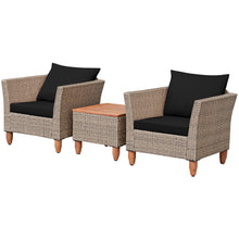 Load image into Gallery viewer, Gymax 3PCS Rattan Patio Conversation Furniture Set w Wooden Feet Black Cushions
