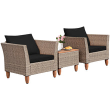 Load image into Gallery viewer, Gymax 3PCS Rattan Patio Conversation Furniture Set w Wooden Feet Black Cushions
