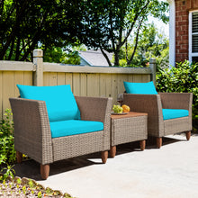 Load image into Gallery viewer, Gymax 3PCS Rattan Patio Conversation Furniture Set w Wooden Feet Turquoise Cushions

