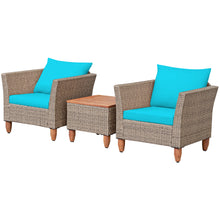 Load image into Gallery viewer, Gymax 3PCS Rattan Patio Conversation Furniture Set w Wooden Feet Turquoise Cushions
