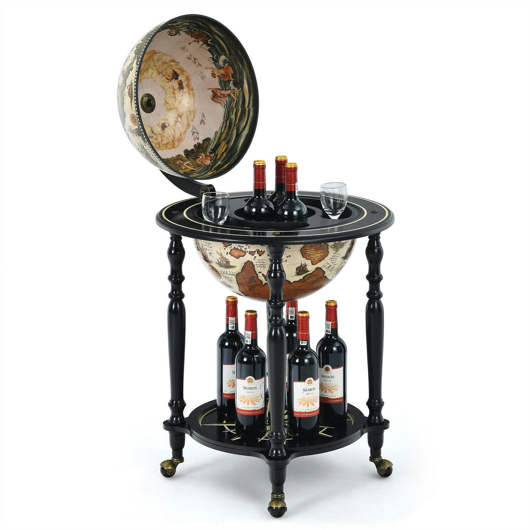 Gymax 22'' Globe Wine Bar Stand Movable 16th Century Liquor Bottle Shelf Cart