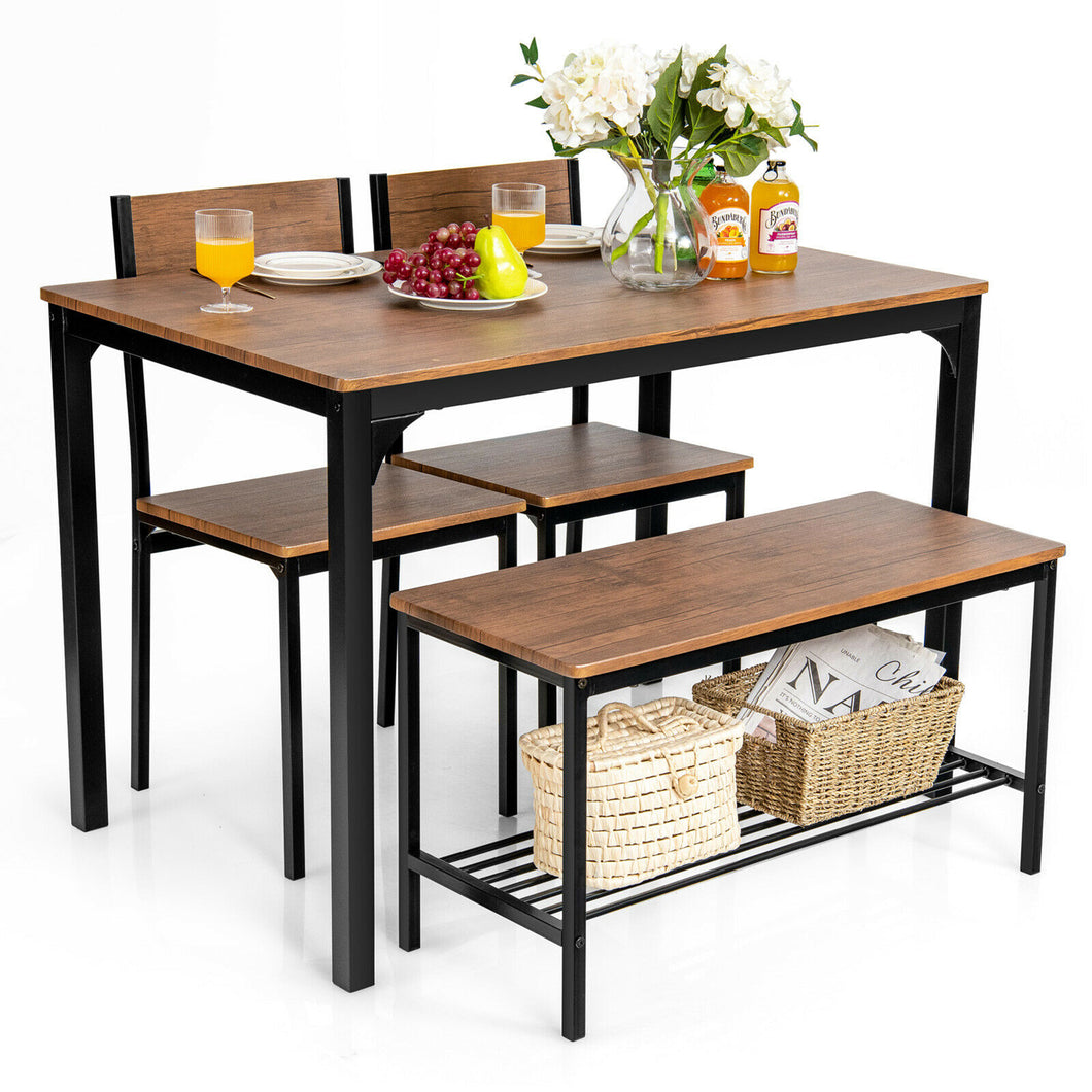Gymax 4pcs Dining Table Set Rustic Desk 2 Chairs & Bench w/ Storage Rack Brown