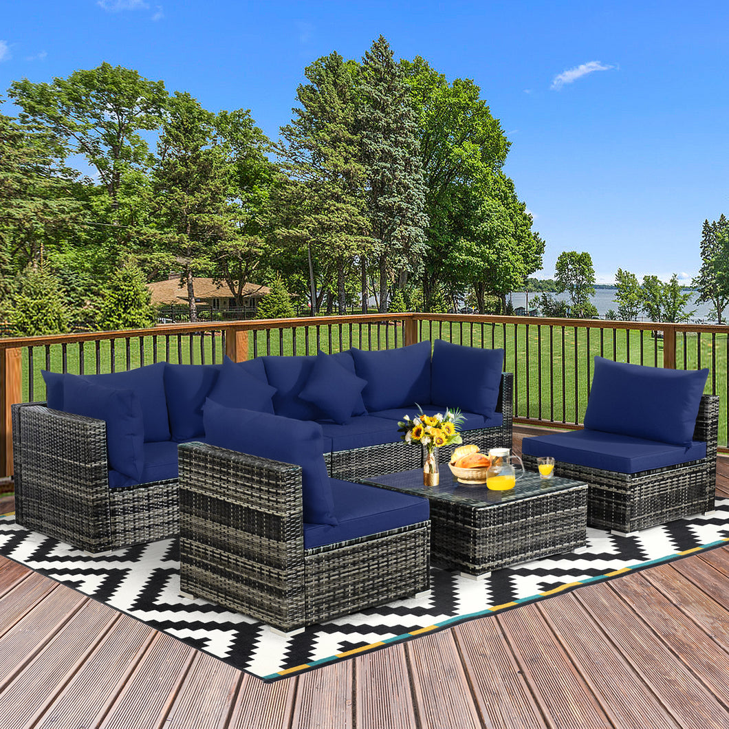 Gymax 7PCS PE Rattan Patio Sectional Sofa Conversation Set w Navy Cushions