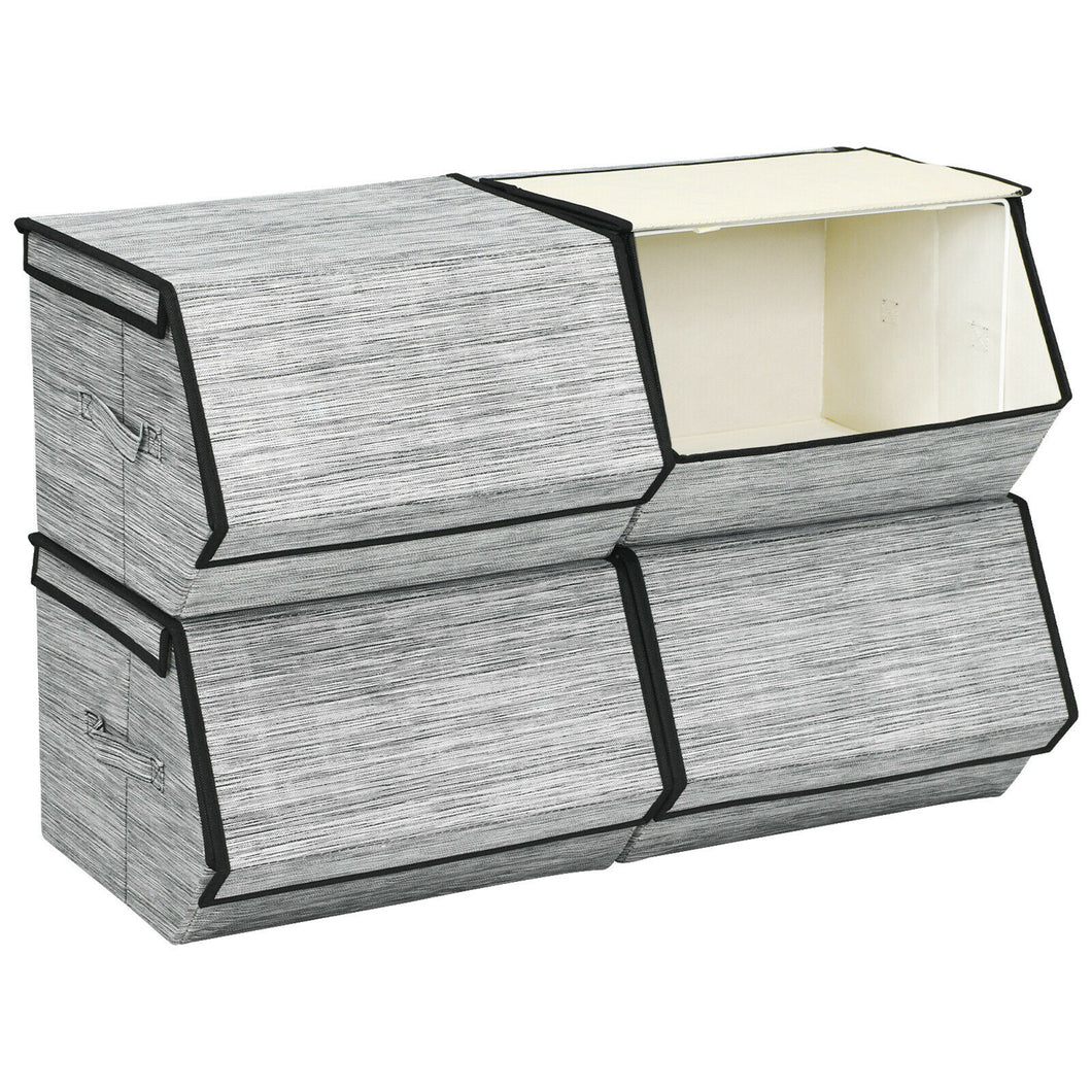 Gymax Large Stackable Bins Cubes WLids Storage Organizers WLinen&Oxford Fabric 4Sets