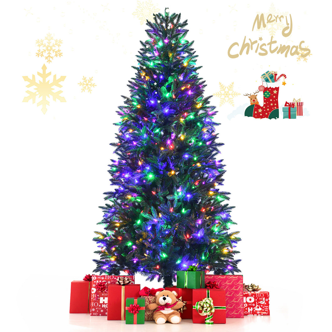 Gymax 6/7/8 FT Pre-Lit Artificial Christmas Tree Hinged Xmas Tree w/ Multicolor LED Lights
