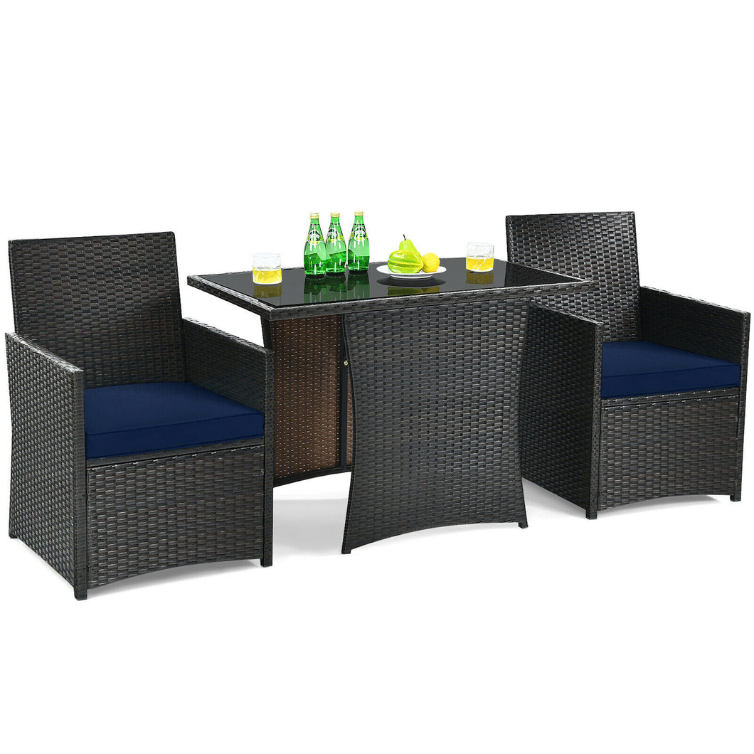 Gymax 3PCS Patio Wicker Bistro Set PE Rattan Dining Table Set w Navy Cushions