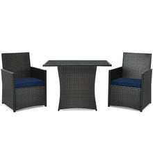 Load image into Gallery viewer, Gymax 3PCS Patio Wicker Bistro Set PE Rattan Dining Table Set w Navy Cushions
