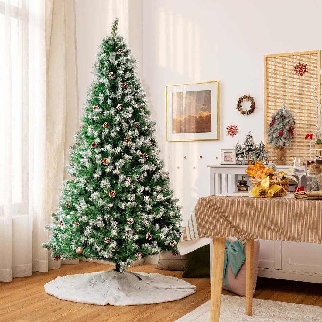 Gymax 6/7.5/9 FT Artificial Snow Flocked Christmas Tree Hinged Xmas Tree w/ Pine Cones