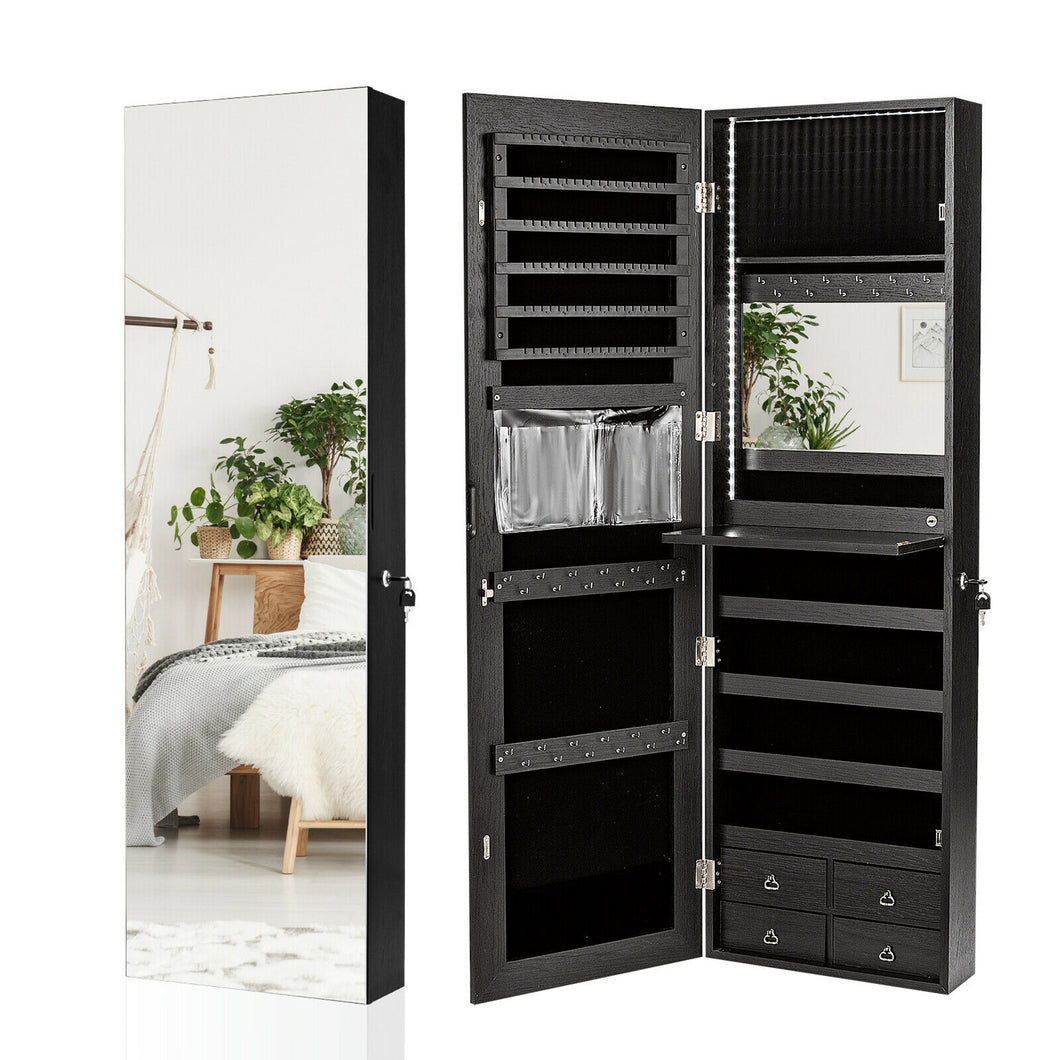 Gymax Mirror Jewelry Cabinet 96 LED Lights Wall Door Mounted Armoire w/ Makeup Rack