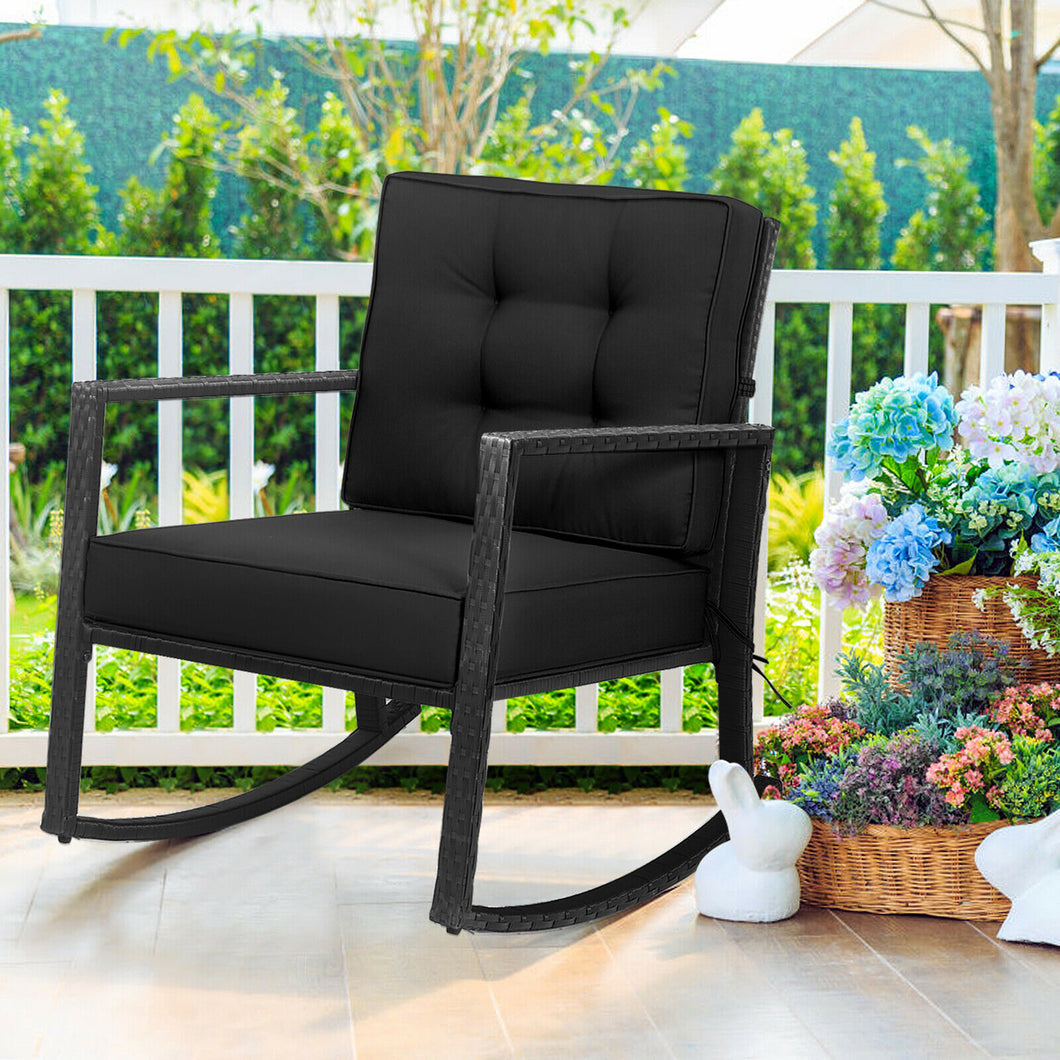 Gymax Outdoor Wicker Rocking Chair Patio Lawn Rattan Single Chair Glider w Black Cushion
