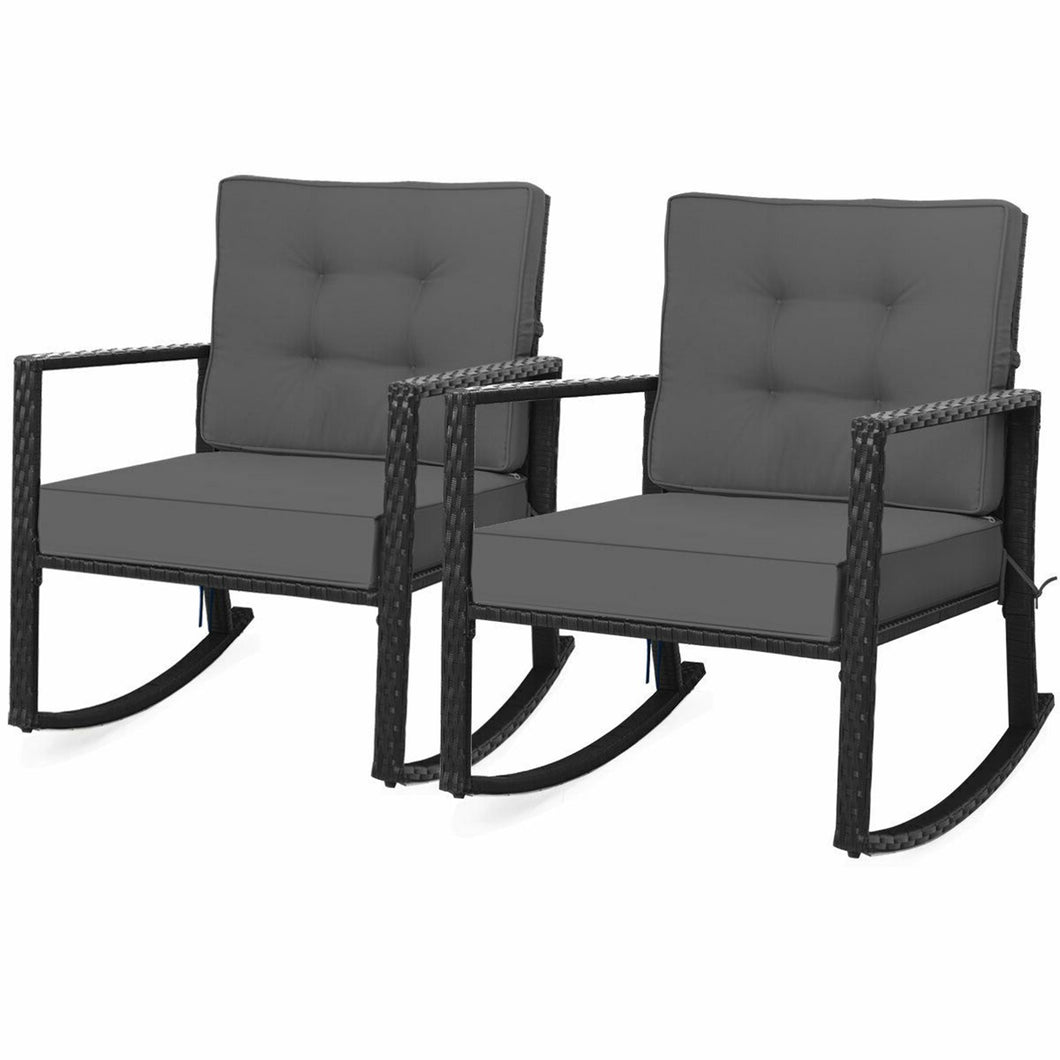 Gymax 2PCS Outdoor Wicker Rocking Chair Patio Rattan Single Chair Glider w Grey Cushion