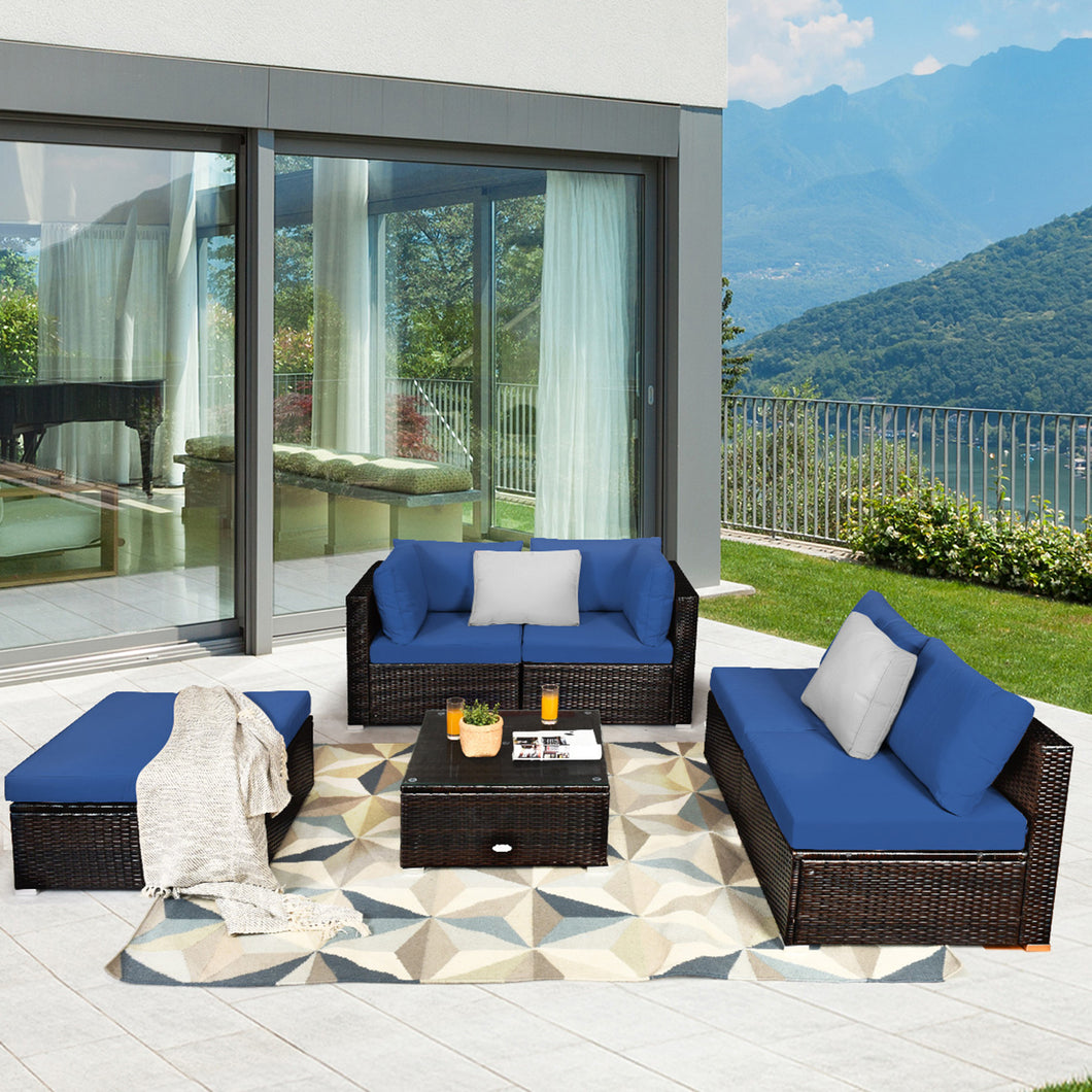 Gymax 6PCS Rattan Patio Sectional Sofa Set Outdoor Furniture Set w/ Navy Cushions