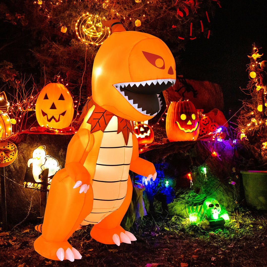 Gymax 8ft Inflatable Pumpkin Dinosaur Halloween Decoration w/ Built-in LED Lights
