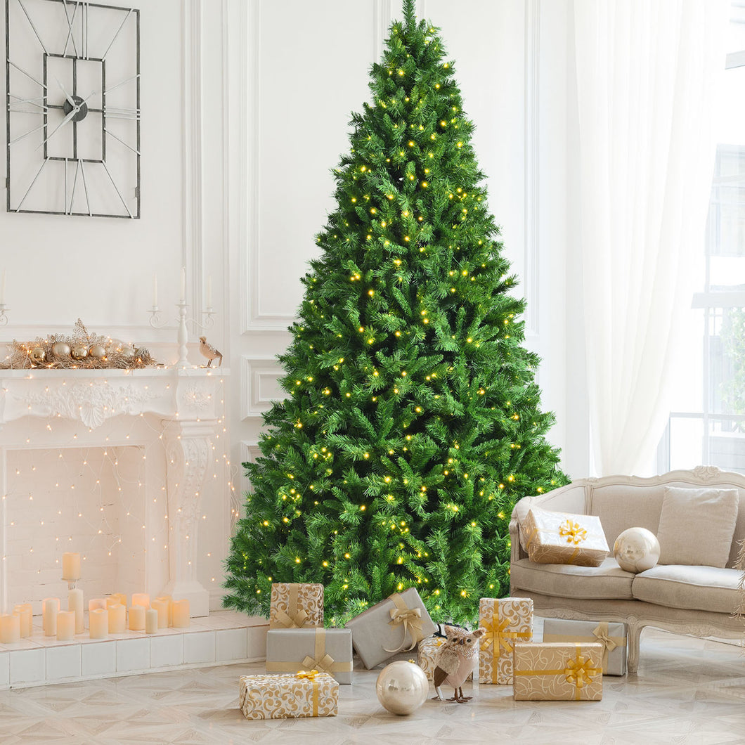 Gymax 9 FT Pre-Lit Artificial Christmas Tree Hinged Xmas Tree w/ 8 Flash Modes