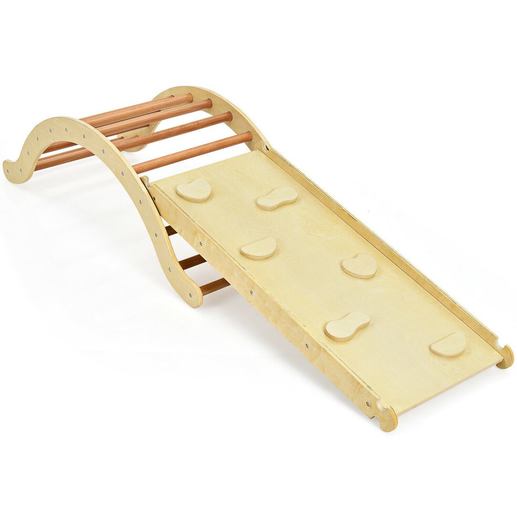 Gymax 3-in-1 Kids Climber Set Wooden Arch Triangle Rocker w/ Ramp & Blue Mat