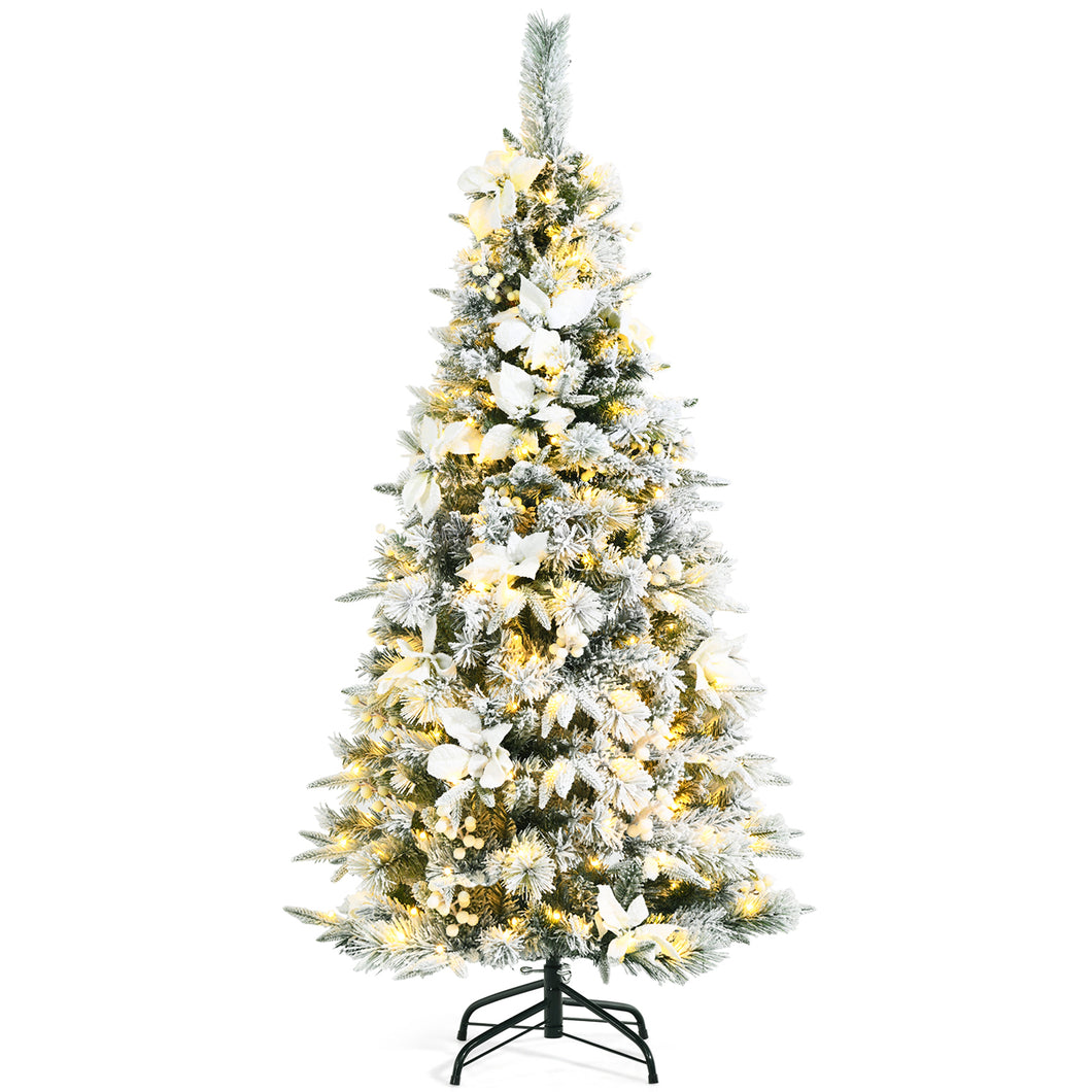 Gymax 5/6/7/8 FT Pre-Lit Artificial Snow-Flocked Christmas Tree Hinged Pencil Xmas Tree