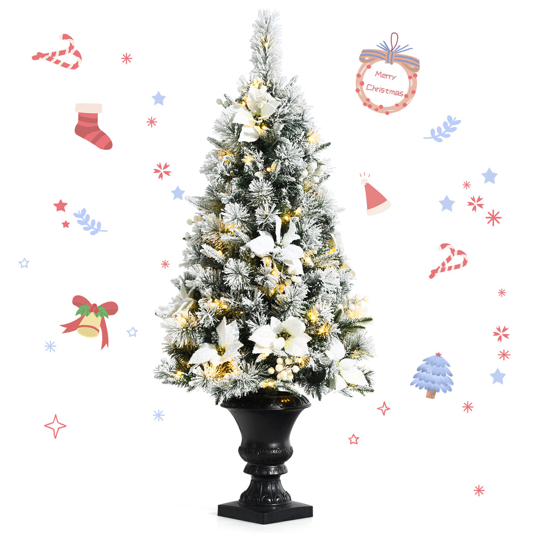 Gymax 4 FT Pre-lit Christmas Entrance Tree Snow Flocked Xmas Tree w/ LED Lights