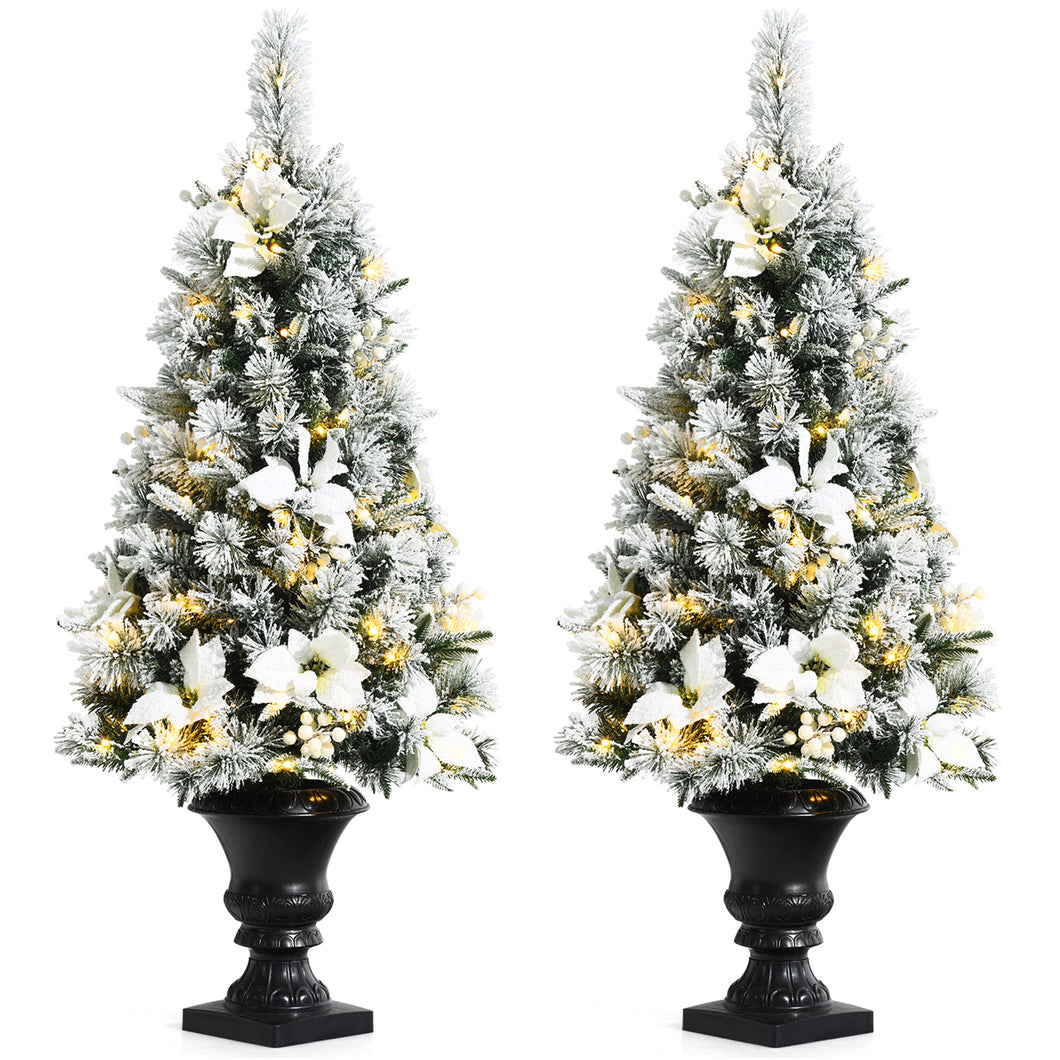 Gymax 2PCS 4 FT Pre-lit Christmas Entrance Tree Snow Flocked Xmas Tree w/ LED Lights
