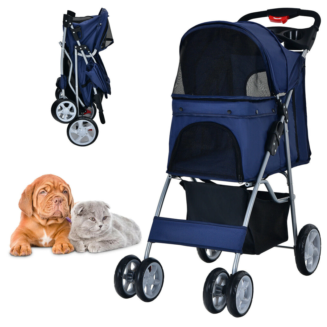 Gymax Folding Pet Stroller 4-Wheel Pet Travel Carrier w/Storage Basket Navy