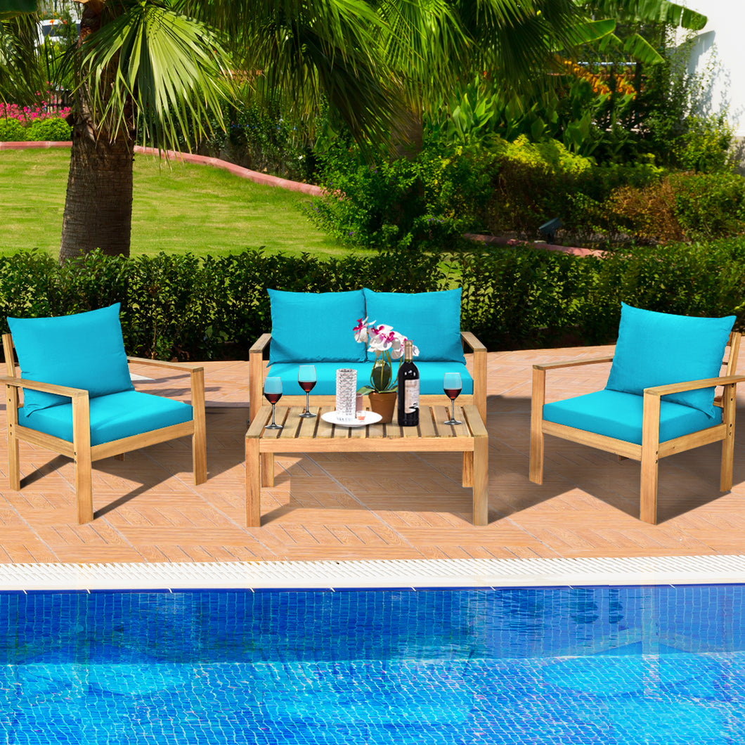Gymax 4PCS Patio Acacia Wood Conversation Furniture Set w/ Turquoise Cushions