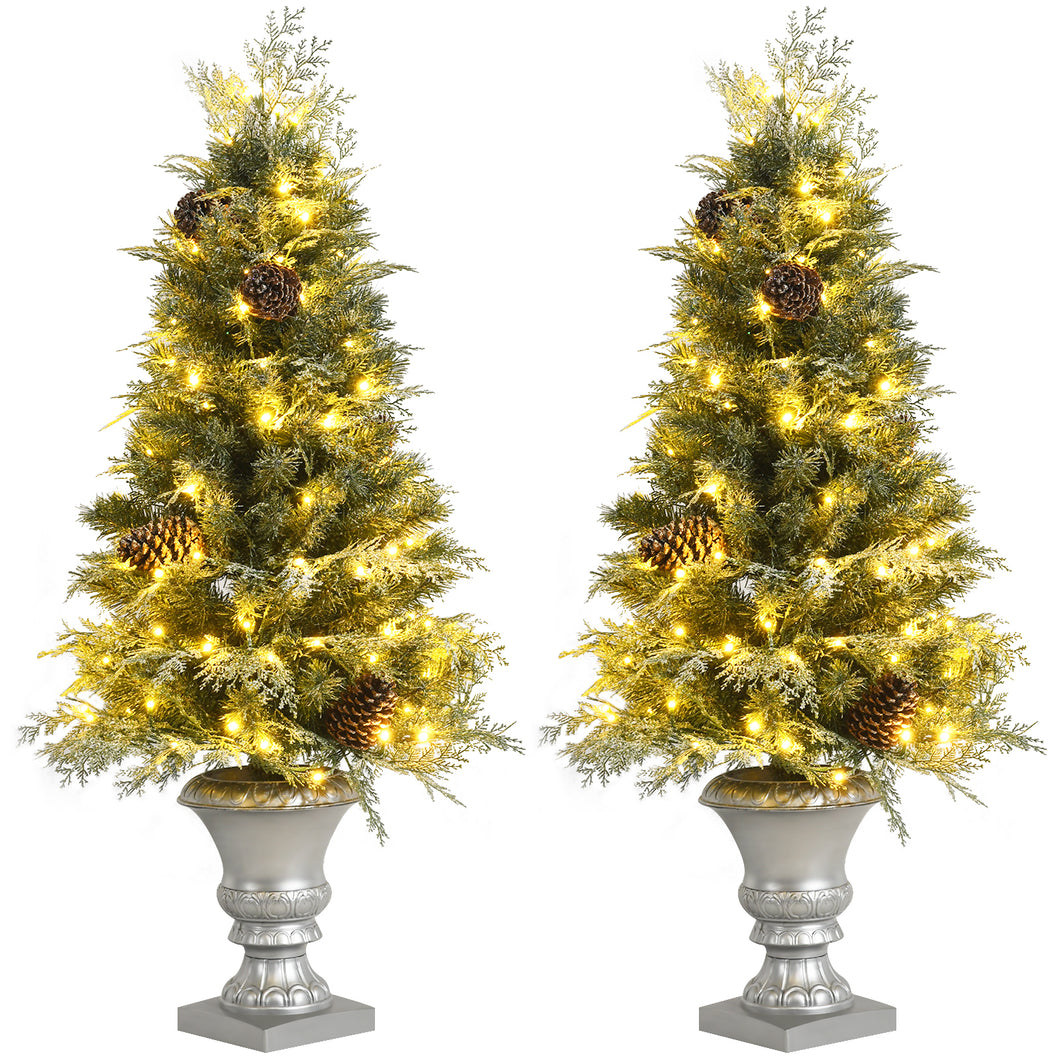 Gymax 2PCS 4FT Artificial Pre-Lit Christmas Tree Snowy Entrance Tree w/ Pine Cones