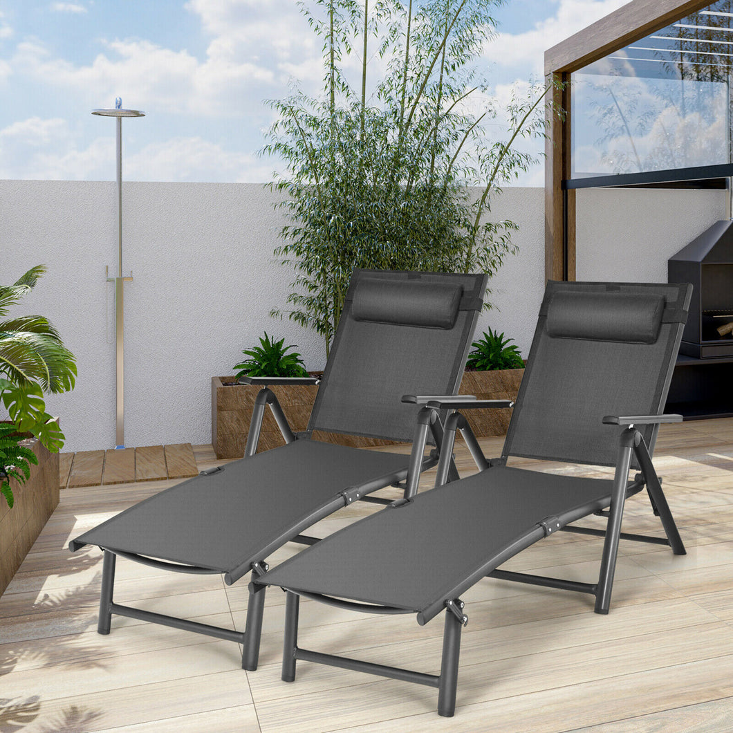 Gymax 2PCS Patio Folding Chaise Lounge Chair Adjustable Aluminum Recliner w/ Headrest