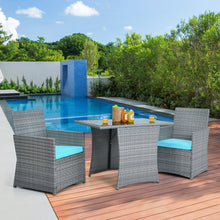 Load image into Gallery viewer, Gymax 3PCS Outdoor Rattan Conversation Set Patio Dining Table Set w/ Turquoise Cushions
