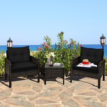 Load image into Gallery viewer, Gymax 3PCS Rattan Patio Conversation Furniture Set Yard Outdoor w/ Black Cushions
