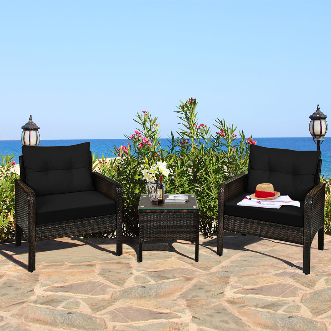 Gymax 3PCS Rattan Patio Conversation Furniture Set Yard Outdoor w/ Black Cushions
