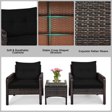 Load image into Gallery viewer, Gymax 3PCS Rattan Patio Conversation Furniture Set Yard Outdoor w/ Black Cushions
