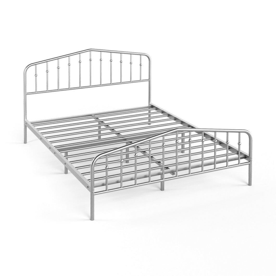 Gymax Queen Size Metal Bed Frame Platform Headboard & Footboard W/Storage Sliver