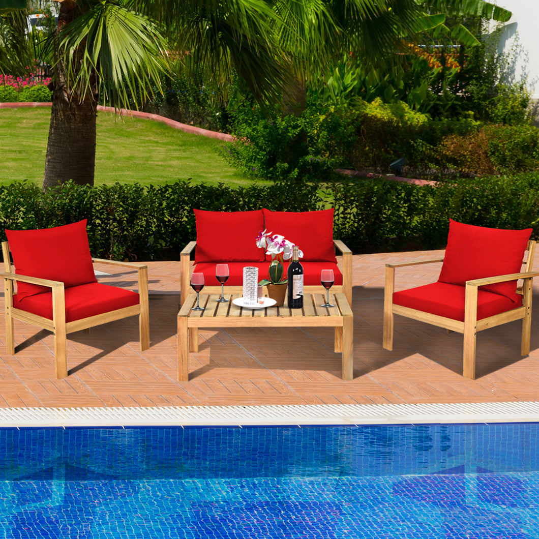 Gymax 4PCS Patio Acacia Wood Conversation Furniture Set w/ Red Cushions