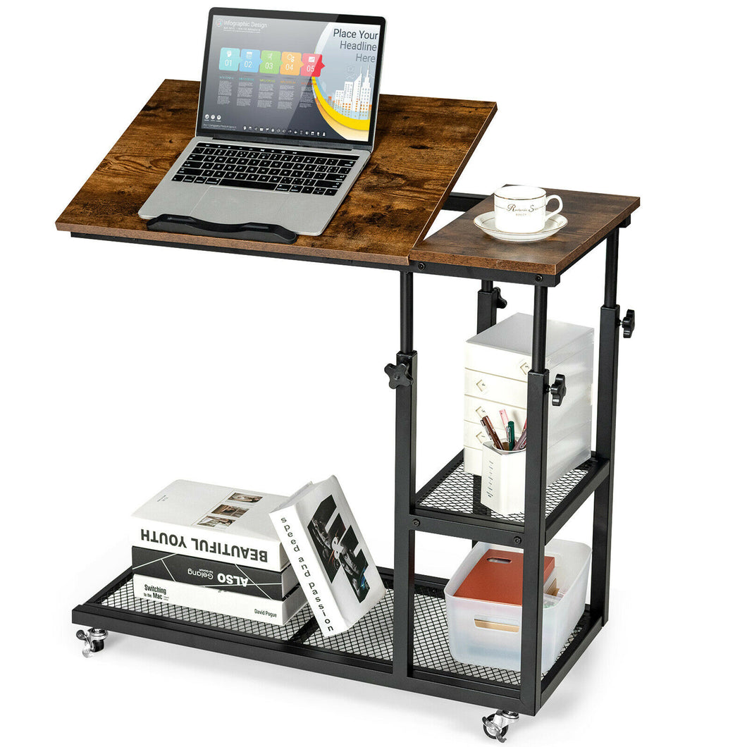 Gymax C Shaped Side Table w/ Wheels Height and Tabletop Adjustable Storage Shelf