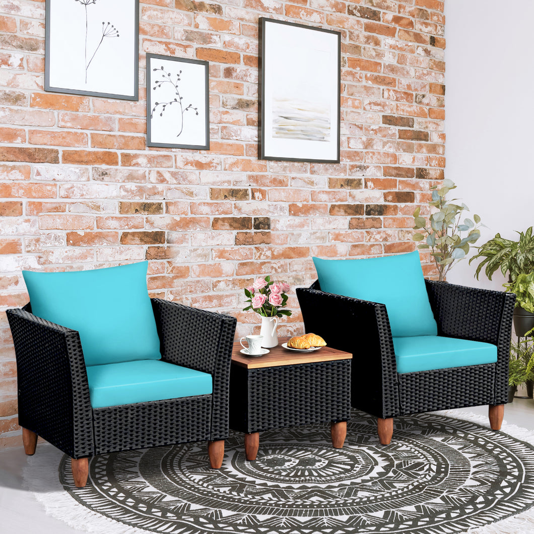 Gymax 3PCS Patio Rattan Conversation Furniture Set Yard Outdoor w/ Turquoise Cushions