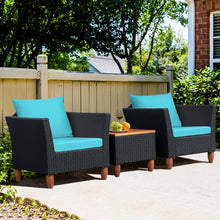Load image into Gallery viewer, Gymax 3PCS Patio Rattan Conversation Furniture Set Yard Outdoor w/ Turquoise Cushions
