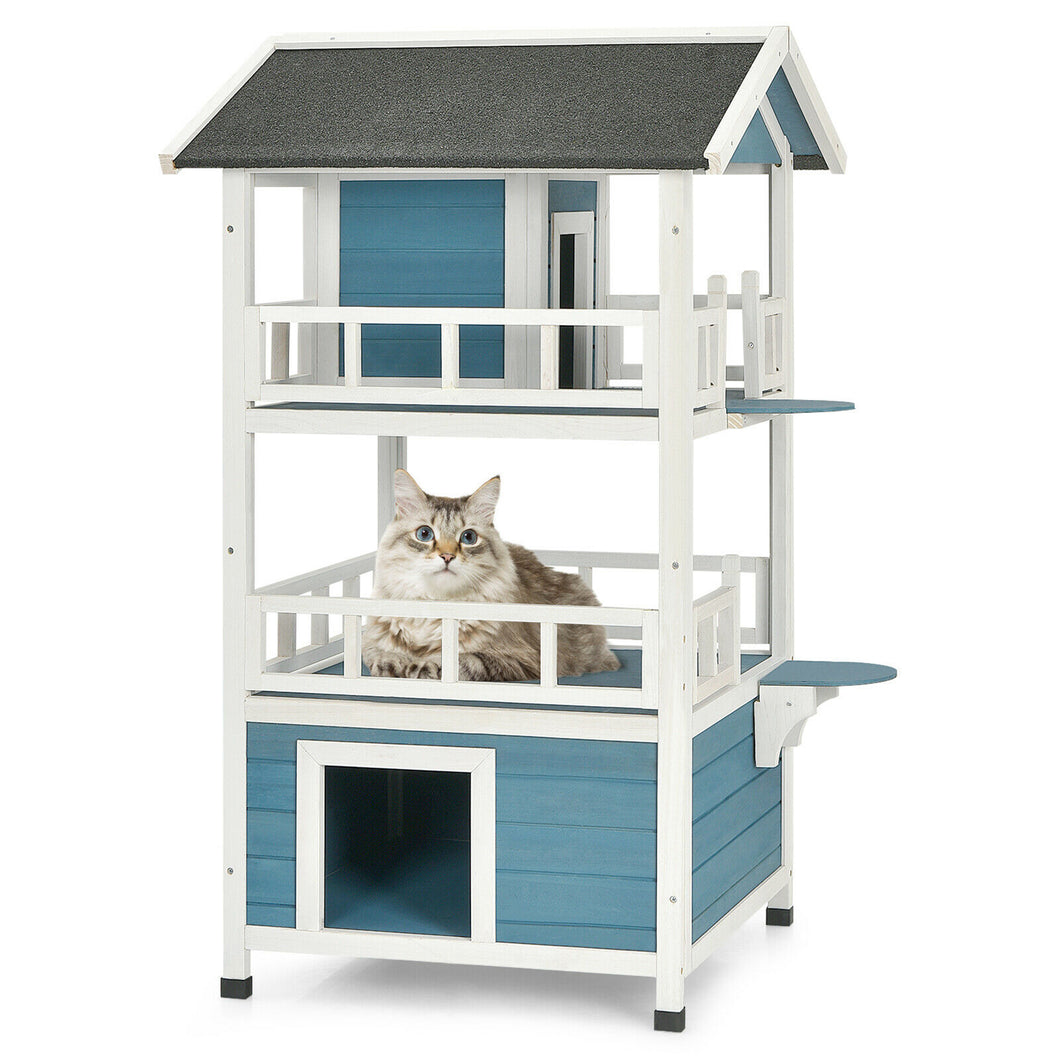 Gymax Outdoor Wooden Cat House 2-Story Catio Cat Shelter W/ Enclosure for Feral Cat
