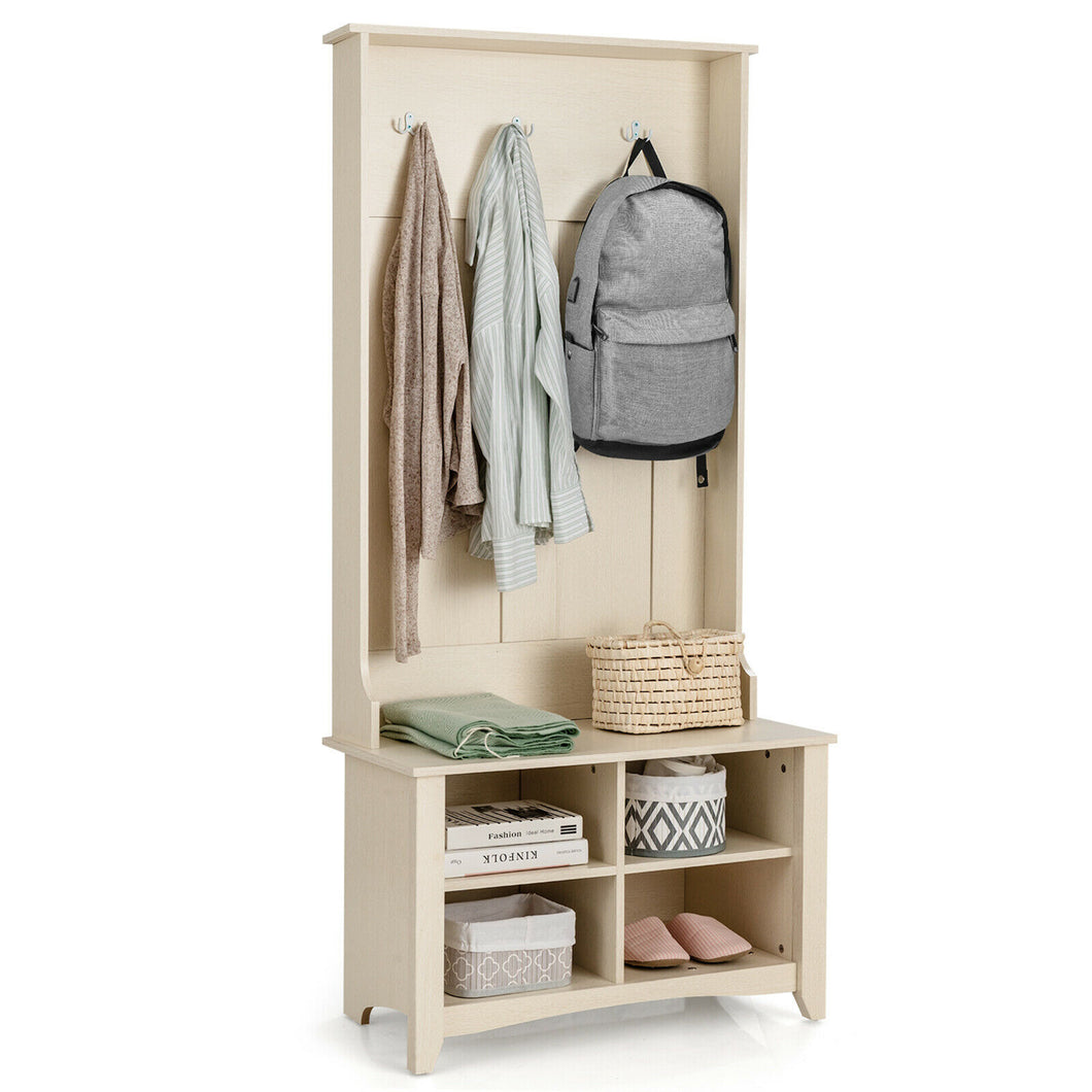 Gymax Hall Tree Storage Bench Entry Stand Coat Hat Rack with Shelf & 3 Hooks Organizer