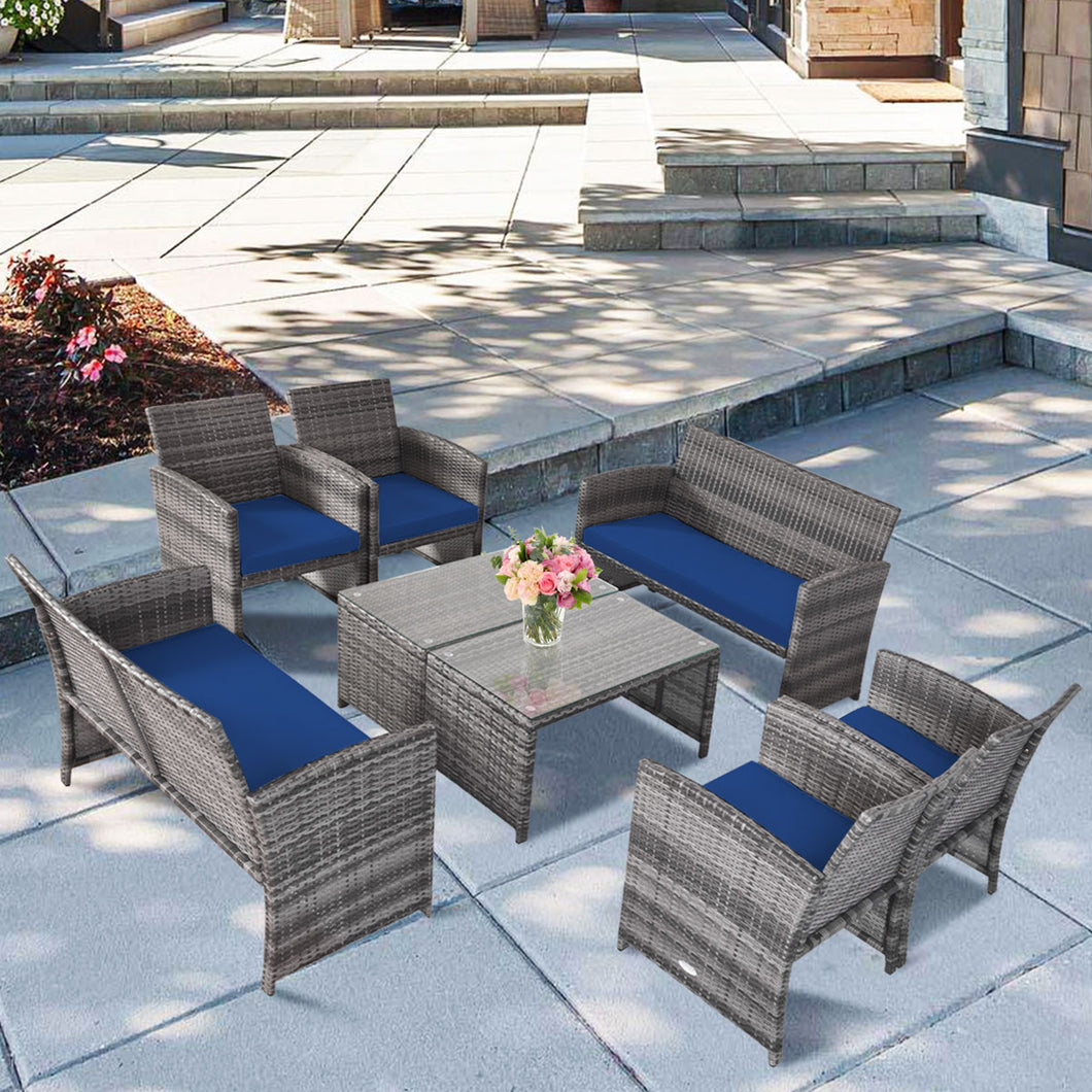 Gymax 8PCS Patio Outdoor Rattan Conversation Furniture Set w/ Navy Cushion